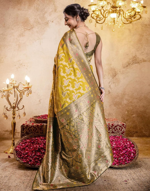 Vasthrlay Jacquard Banarasi Unstitched Mustard Saree