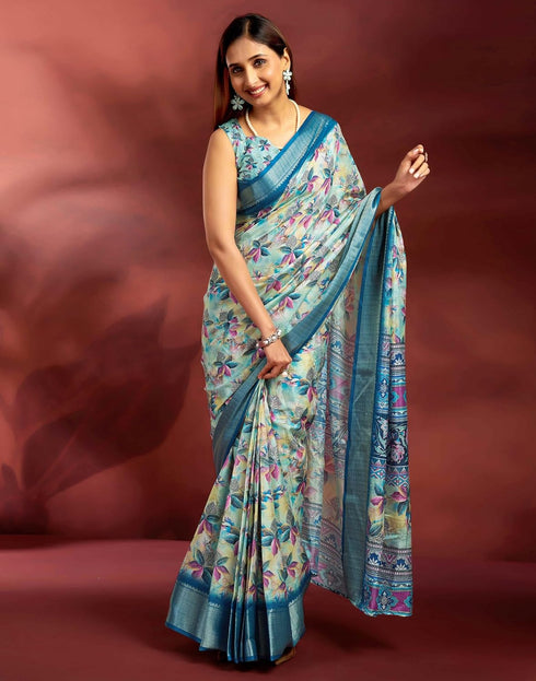 Vasthrlay Printed Jacquard Unstitched Rama Green Saree