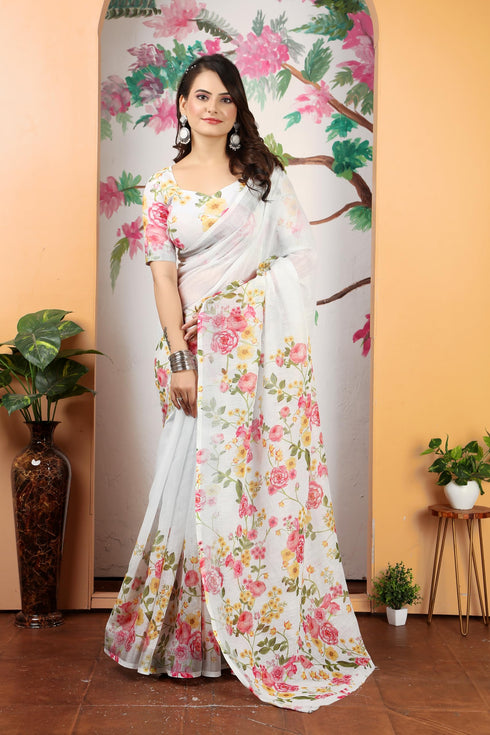 Vasthrlay White Unstitched Saree