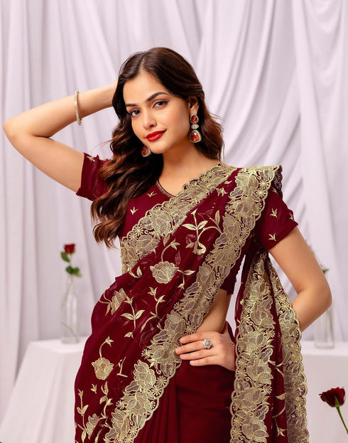 Vasthrlay Georgette Embroidery Dusty Teal Blue Saree With Unstitched Blouse Piece