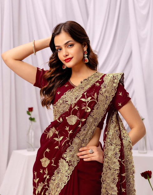 Vasthrlay Georgette Embroidery Unstitched Maroon Saree