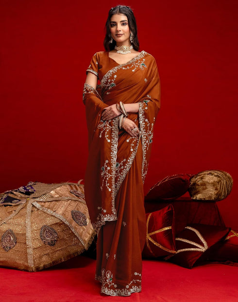 Vasthrlay Georgette Embroidery Unstitched Maroon Saree