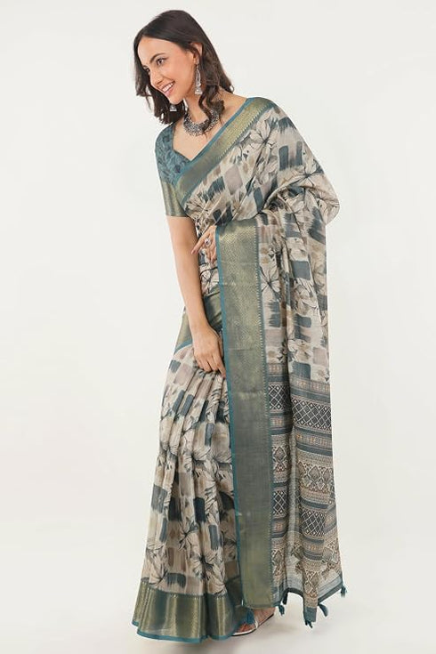 Vasthrlay Off White Teal Patchwork Print Polyester Saree With Zari Border And Unstitched Blouse Piece