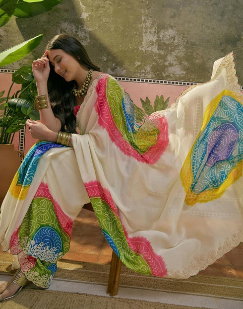 Vasthrlay Scalloped Embroidery Unstitched Lime Green Saree