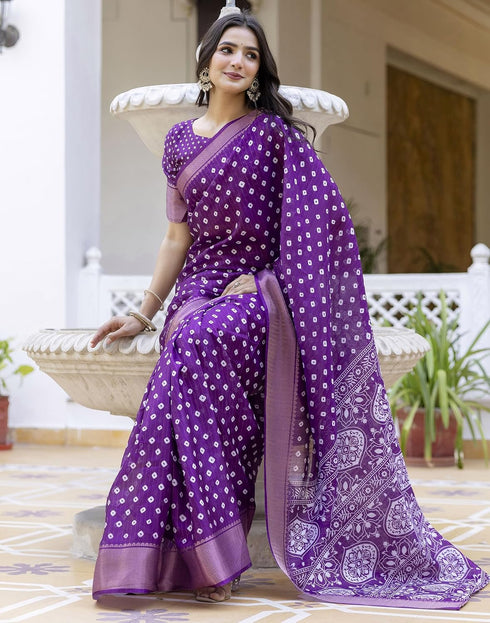 Vasthrlay Printed Weaving Purple Saree With Unstitched Blouse Piece
