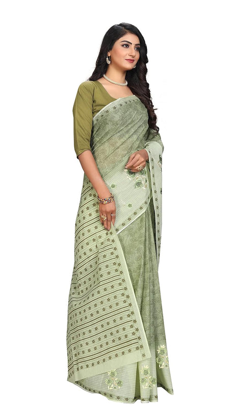 Vasthrlay Cotton Print Embroidery Green Saree