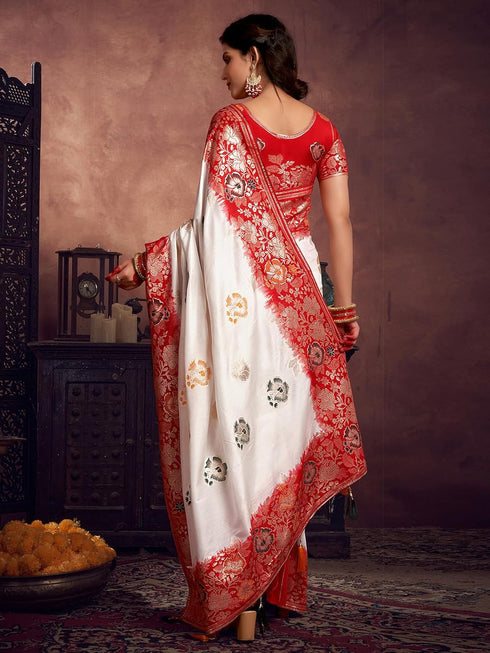 Vasthrlay Pedding Jacquard Unstitched White Saree