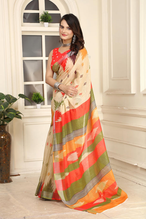 Vasthrlay Cream Unstitched Saree