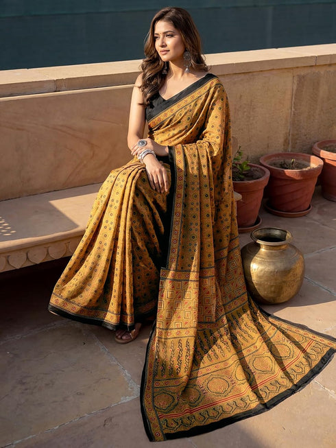 Vasthrlay Printed Lemon Yellow1 Yellow Saree