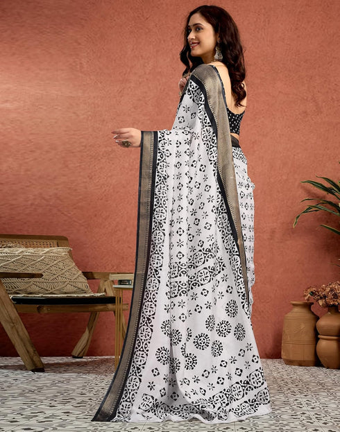 Vasthrlay Womens Printed Unstitched White Saree