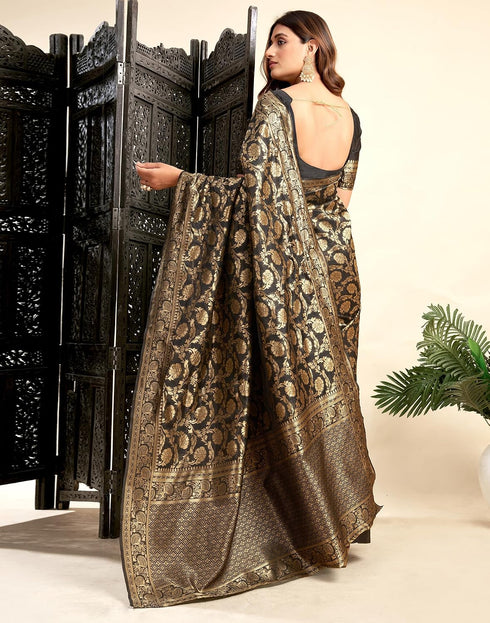 Vasthrlay Womens Jacquard Black Saree With Unstitched Blouse Piece