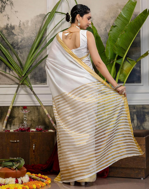 Vasthrlay Special Stripes White And Golden Saree With Unstitched Blouse Piece