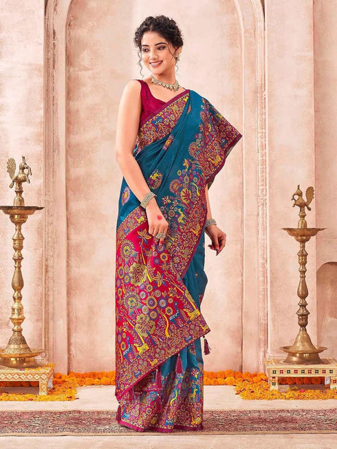 Vasthrlay Womens Weaving Teal Blue Saree With Red Unstitched Blouse Piece