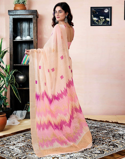 Vasthrlay Womens Printed Light Peach And Pink Saree With Unstitched Blouse Piece