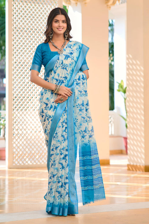 Vasthrlay Sky Blue Printed Unstitched Saree