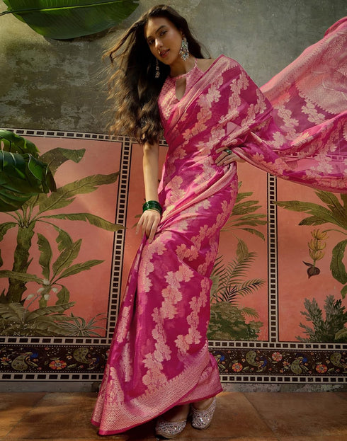 Vasthrlay Kanjivaram Jacquard Unstitched Pink Saree