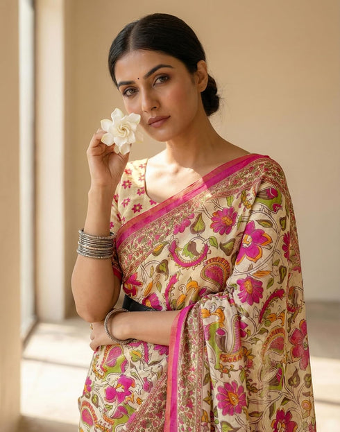 Vasthrlay Womens Printed Unstitched Peach Saree