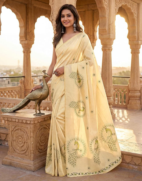 Vasthrlay Chanderi Printed Unstitched Beige Saree