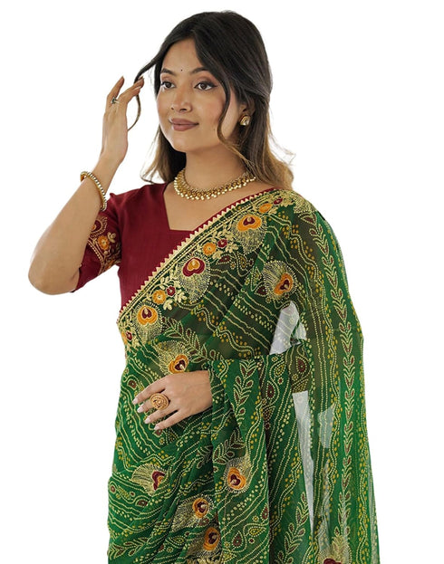 Vasthrlay Georgette Embroidery Green Saree With Unstitched Blouse Piece