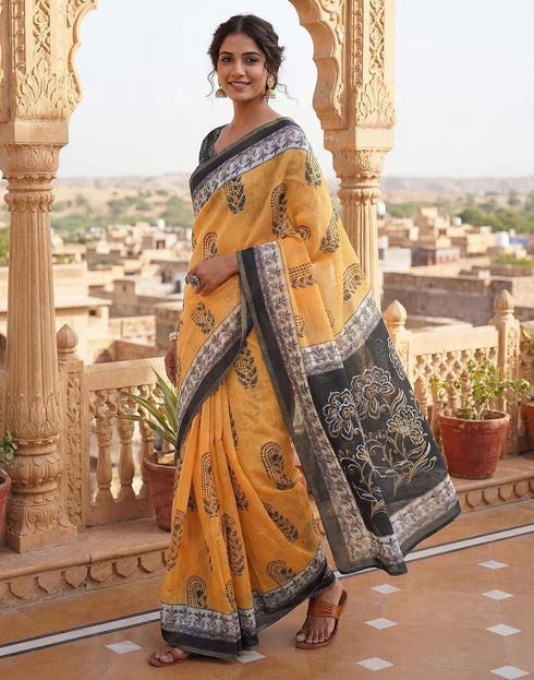 Vasthrlay Womens Printed Unstitched Olive Green Saree