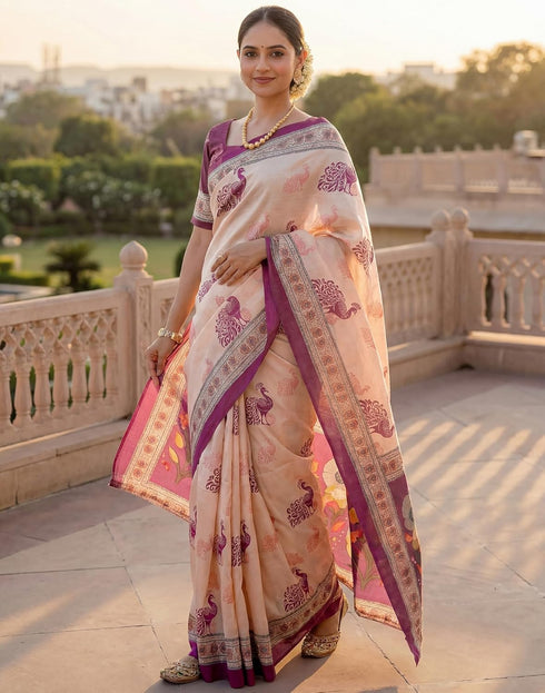 Vasthrlay Banglori Printed Unstitched Peach Saree