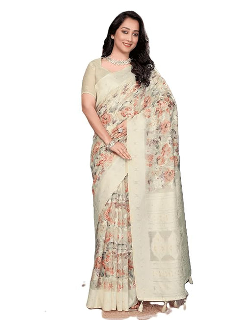 Vasthrlay Beige Floral Semi Sheer Chanderi Saree With Champagne Gold Zari Pallu And Unstitched Blouse Piece