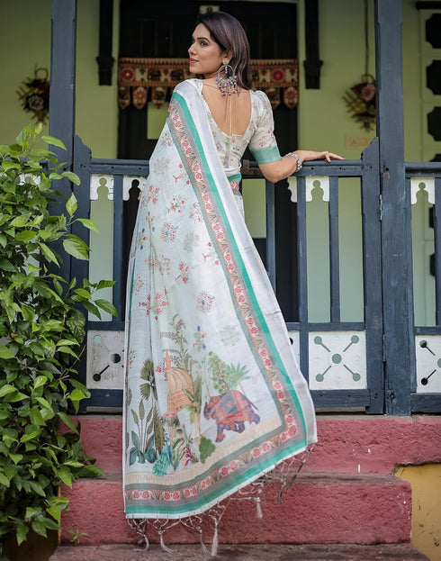 Vasthrlay Womens Printed Unstitched Light Green Saree