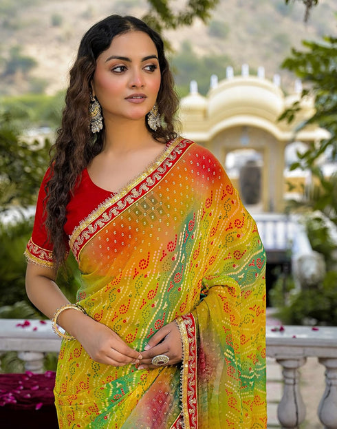 Vasthrlay Bandhani Embroidery Unstitched Yellow Saree