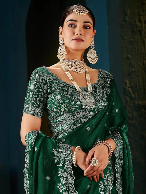 Vasthrlay Scalloped Embroidery Unstitched Rani Pink Saree