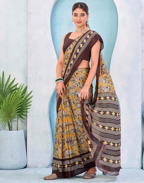 Vasthrlay Georgette Bandhani Grey Saree With Brown Unstitched Blouse Piece