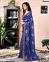 Vasthrlay Womens Printed Dark Blue Saree With Unstitched Blouse Piece