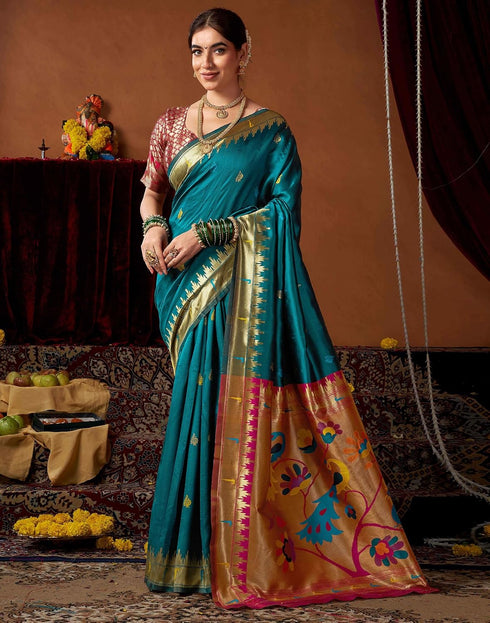 Vasthrlay Womens Paithani Teal Green Saree With Red Unstitched Blouse Piece