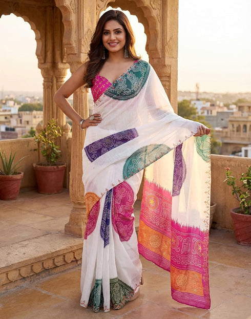 Vasthrlay Chanderi Bandhani Unstitched White Saree