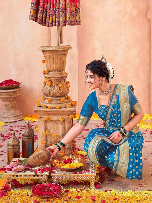Vasthrlay Weaving Paithani Unstitched Teal Saree