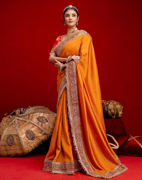 Vasthrlay Vichitra Embroidery Orange Saree With Red Unstitched Blouse Piece