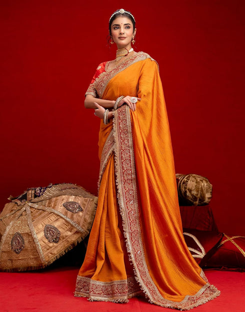 Vasthrlay Vichitra Embroidery Unstitched Red Saree