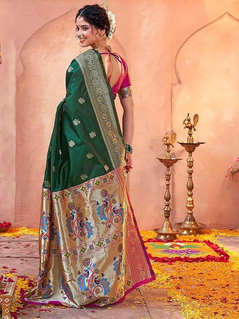 Vasthrlay Weaving Paithani Unstitched Dark Green Saree