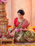 Vasthrlay Weaving Paithani Olive Green Saree With Red Unstitched Blouse Piece