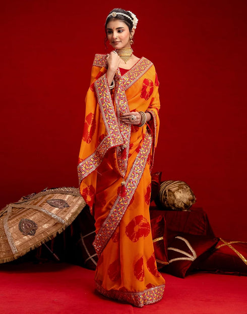 Vasthrlay Bandhani Embroidery Unstitched Orange Saree