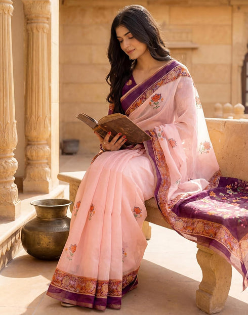 Vasthrlay Womens Printed Unstitched Peach Saree