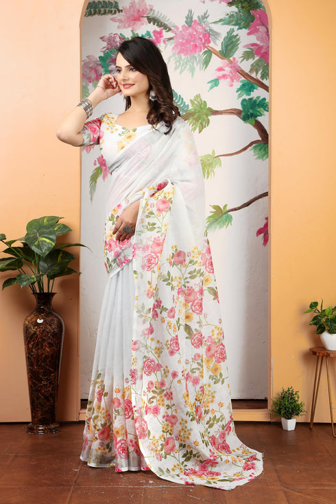 Vasthrlay White Unstitched Saree