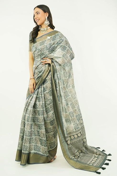 Vasthrlay Charcoal Grey Abstract Print Polyester Saree With Antique Zari Border And Unstitched Blouse Piece