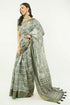 Vasthrlay Charcoal Grey Abstract Print Polyester Saree With Antique Zari Border And Unstitched Blouse Piece