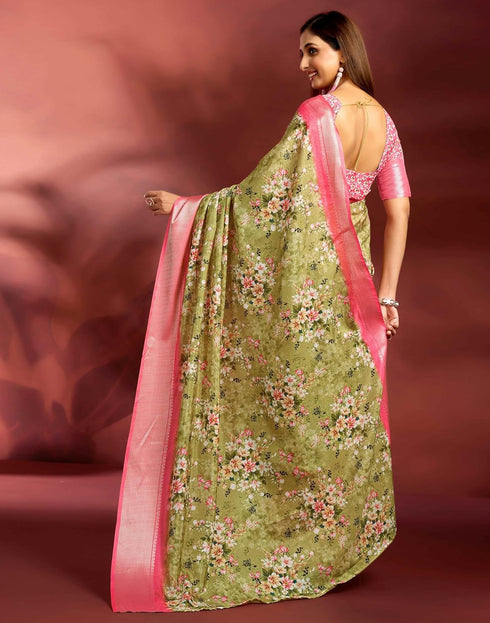 Vasthrlay Printed Jacquard Unstitched Rama Green Saree