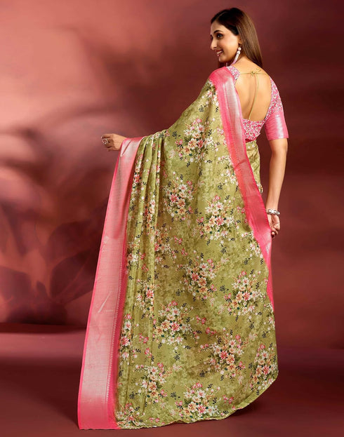 Vasthrlay Printed Jacquard Green Saree With Pink Unstitched Blouse Piece
