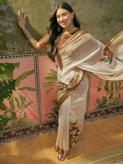 Vasthrlay Womens Printed Unstitched White Saree