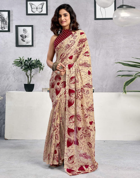 Vasthrlay Womens Printed Dark Beige Saree With Maroon Unstitched Blouse Piece