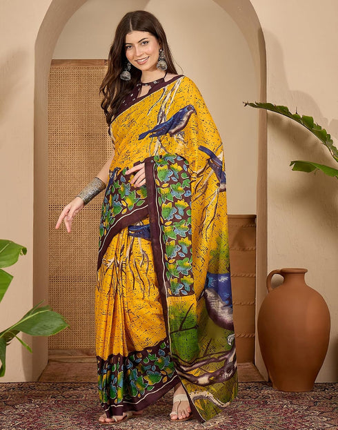 Vasthrlay Womens Printed Yellow | Multicolour Saree With Unstitched Blouse Piece