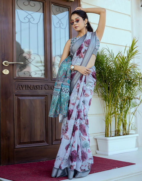 Vasthrlay Womens Printed Unstitched White Saree