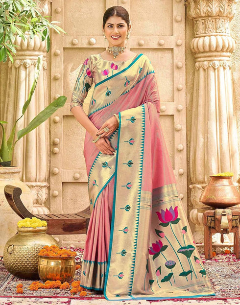 Vasthrlay Paithani Kanjivaram Unstitched Pink Saree